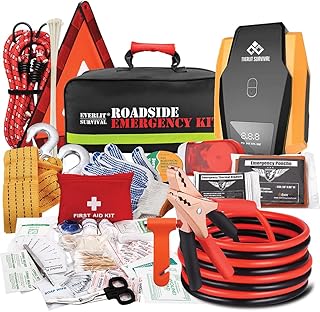 Everlit Survival Car Emergency Kit, Roadside Safety Tool Kit with Gloves,Digital Auto Air Compressor Tire Inflator, First Aid Kit, 12 Feet Jumper Cable, Tow Strap, Flashlight for Women, Men, Teenagers